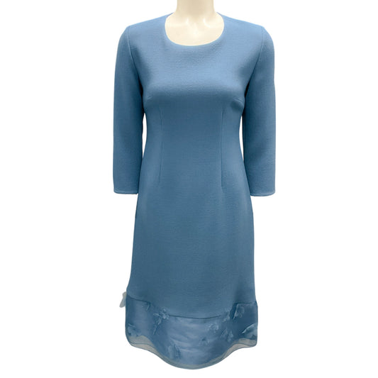 Olivine Gabbro Light Blue Floral Applique Wool Crepe Dress