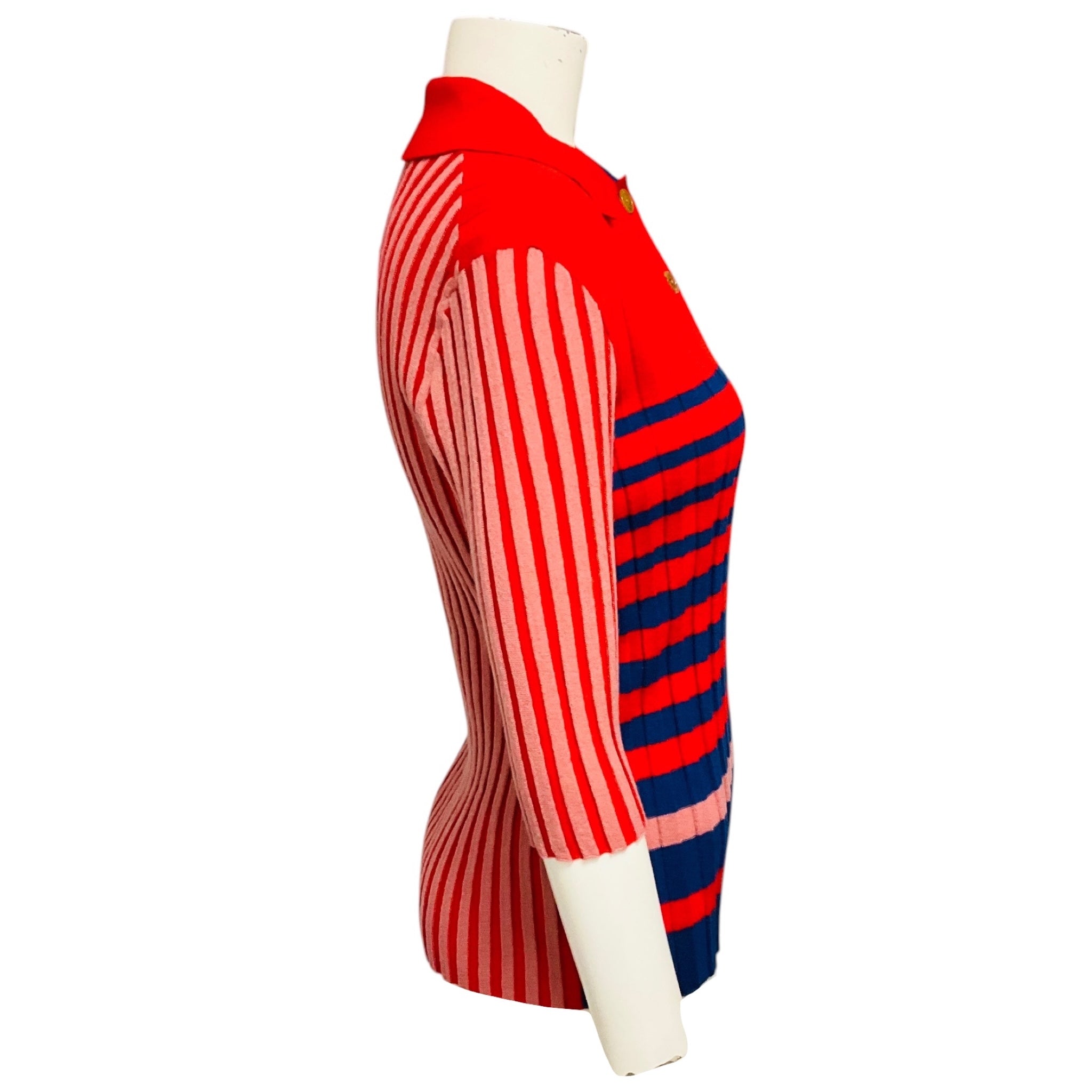 Sonia Rykiel Red / Navy Blue Striped Cashmere Knit Polo Sweater