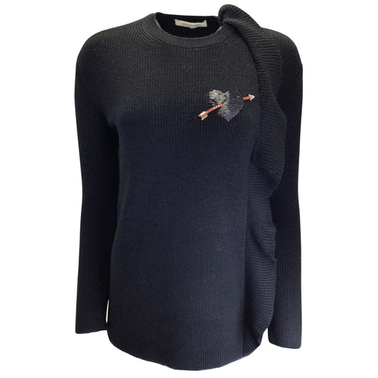 Valentino Black Ruffled Detail Heart and Arrow Embellished Ribbed Knit Sweater