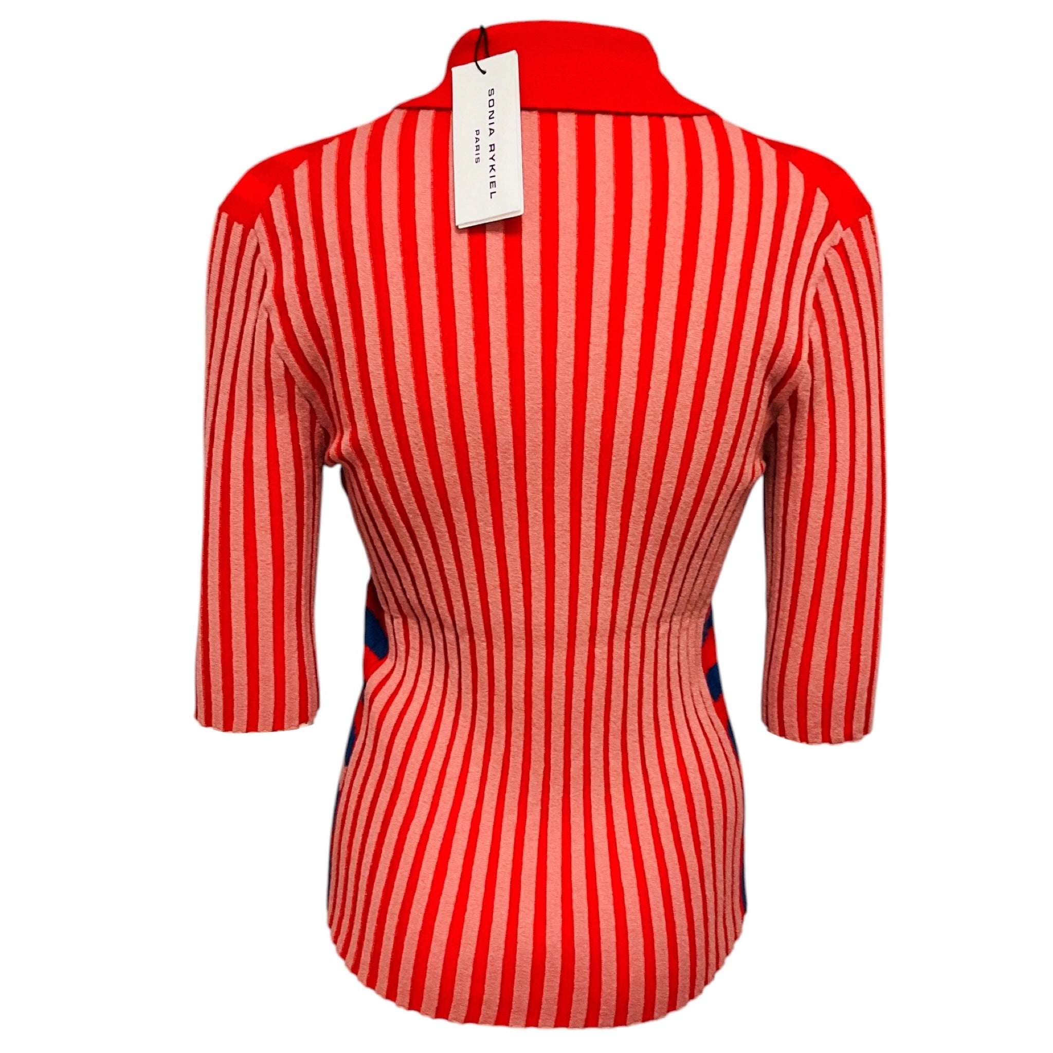 Sonia Rykiel Red / Navy Blue Striped Cashmere Knit Polo Sweater