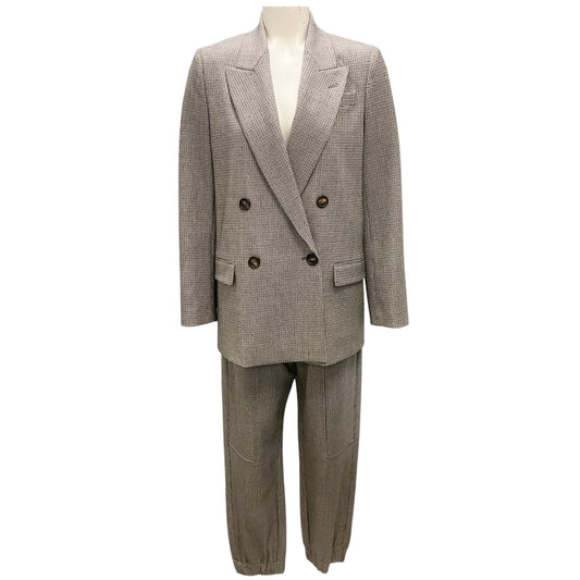 Brunello Cucinelli Grey / Brown / Black Houndstooth Double Breasted Jacket and Tapered Trousers Suit Set