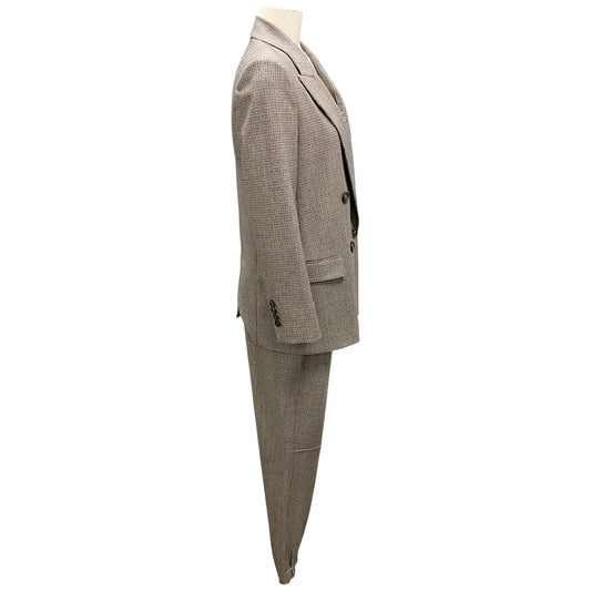 Brunello Cucinelli Grey / Brown / Black Houndstooth Double Breasted Jacket and Tapered Trousers Suit Set