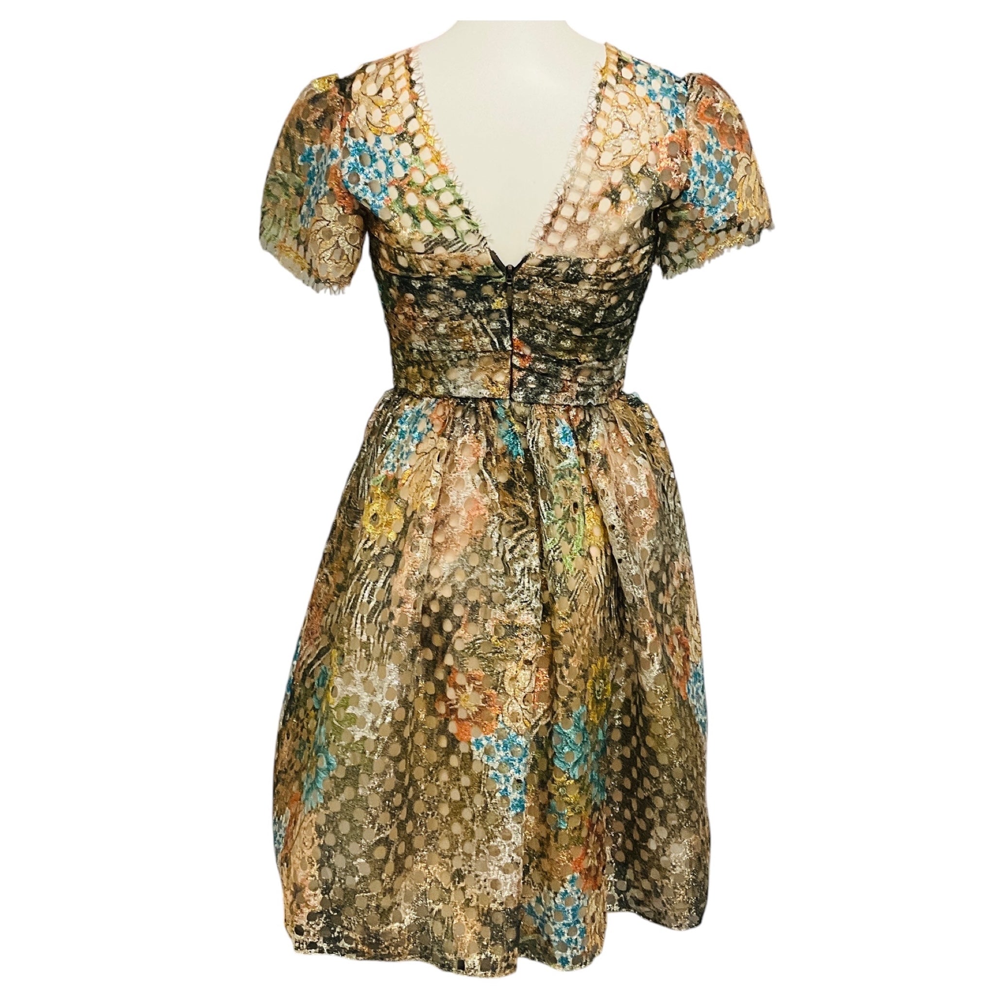 Monique Lhuillier Gold Metallic Multi Lurex and Mesh Tulle Mini Cocktail Dress