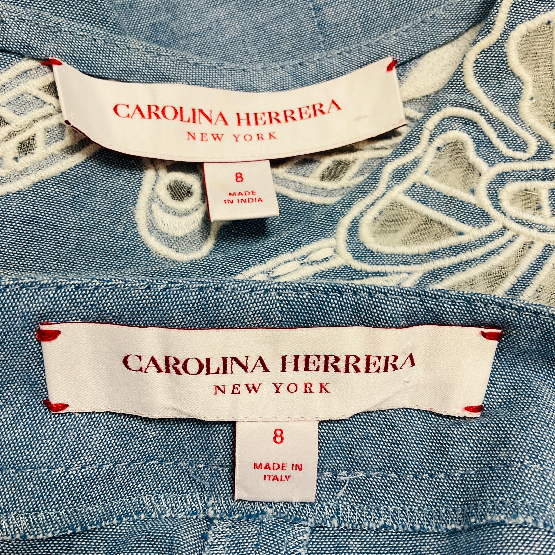 Carolina Herrera Light Blue / White Lace Detail Chambray Top and Pants Set