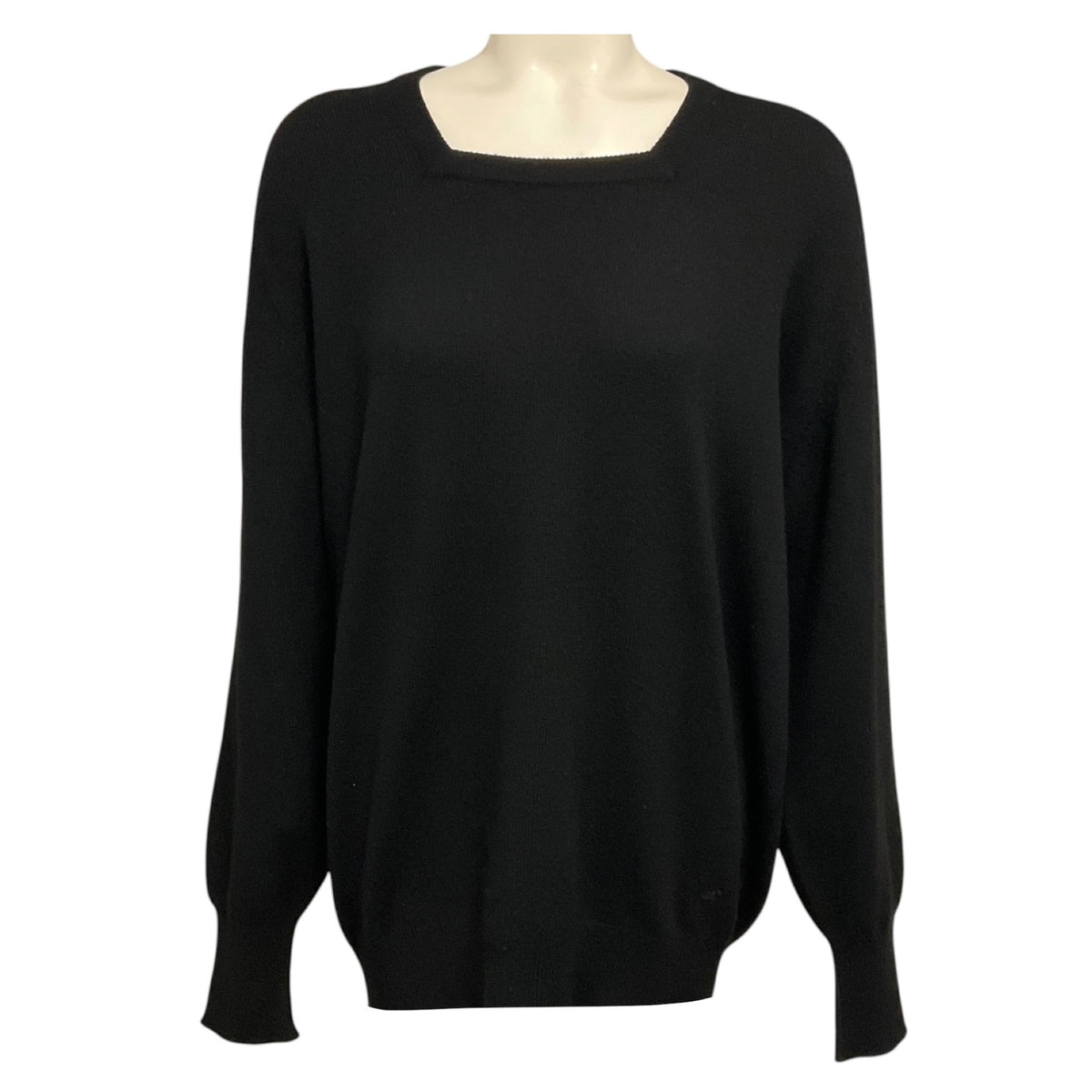 Chanel Black Square Neck Long Sleeved Cashmere Knit Pullover Sweater with CC Logo Embroidery
