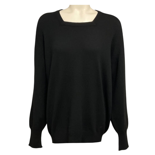 Chanel Black Square Neck Long Sleeved Cashmere Knit Pullover Sweater with CC Logo Embroidery