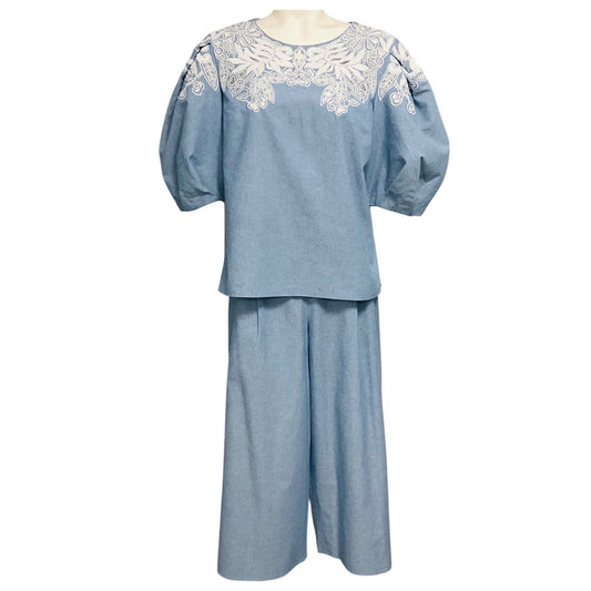 Carolina Herrera Light Blue / White Lace Detail Chambray Top and Pants Set