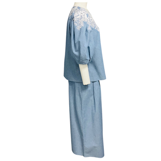 Carolina Herrera Light Blue / White Lace Detail Chambray Top and Pants Set
