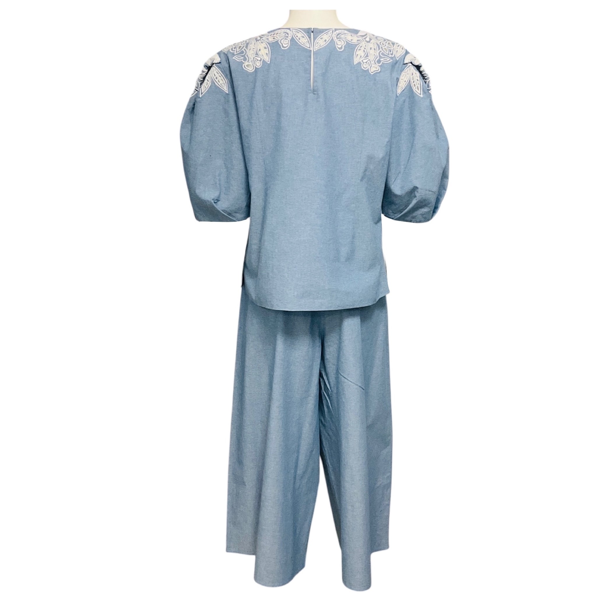 Carolina Herrera Light Blue / White Lace Detail Chambray Top and Pants Set