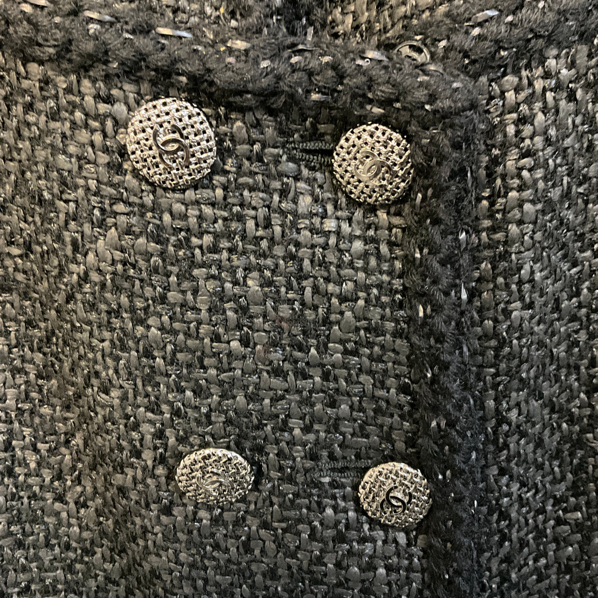 Chanel Black Boucle Tweed Jacket and Skirt Suit Set with CC Logo Buttons
