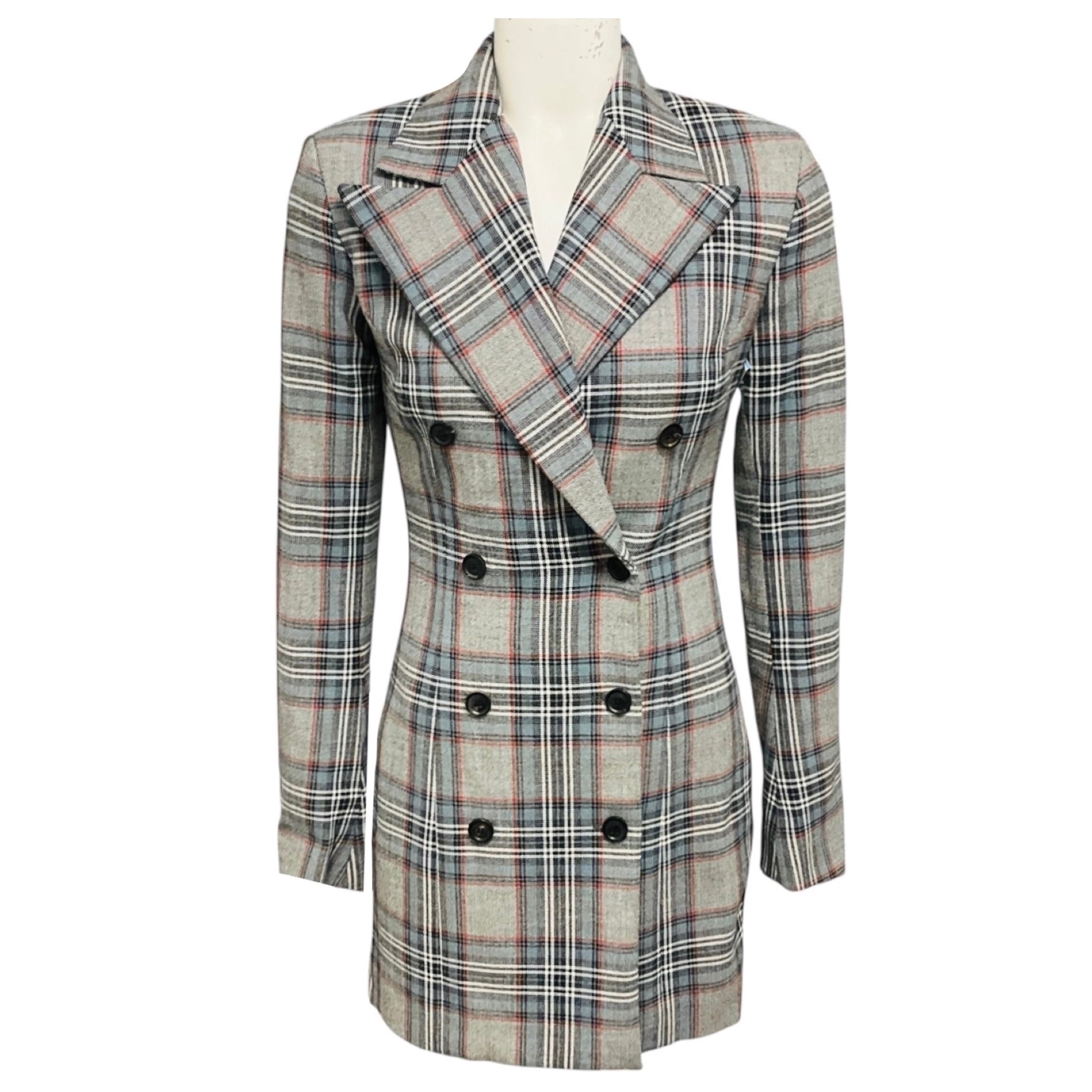 Y/PROJECT Grey / Blue Multi Plaid Double Breasted Blazer