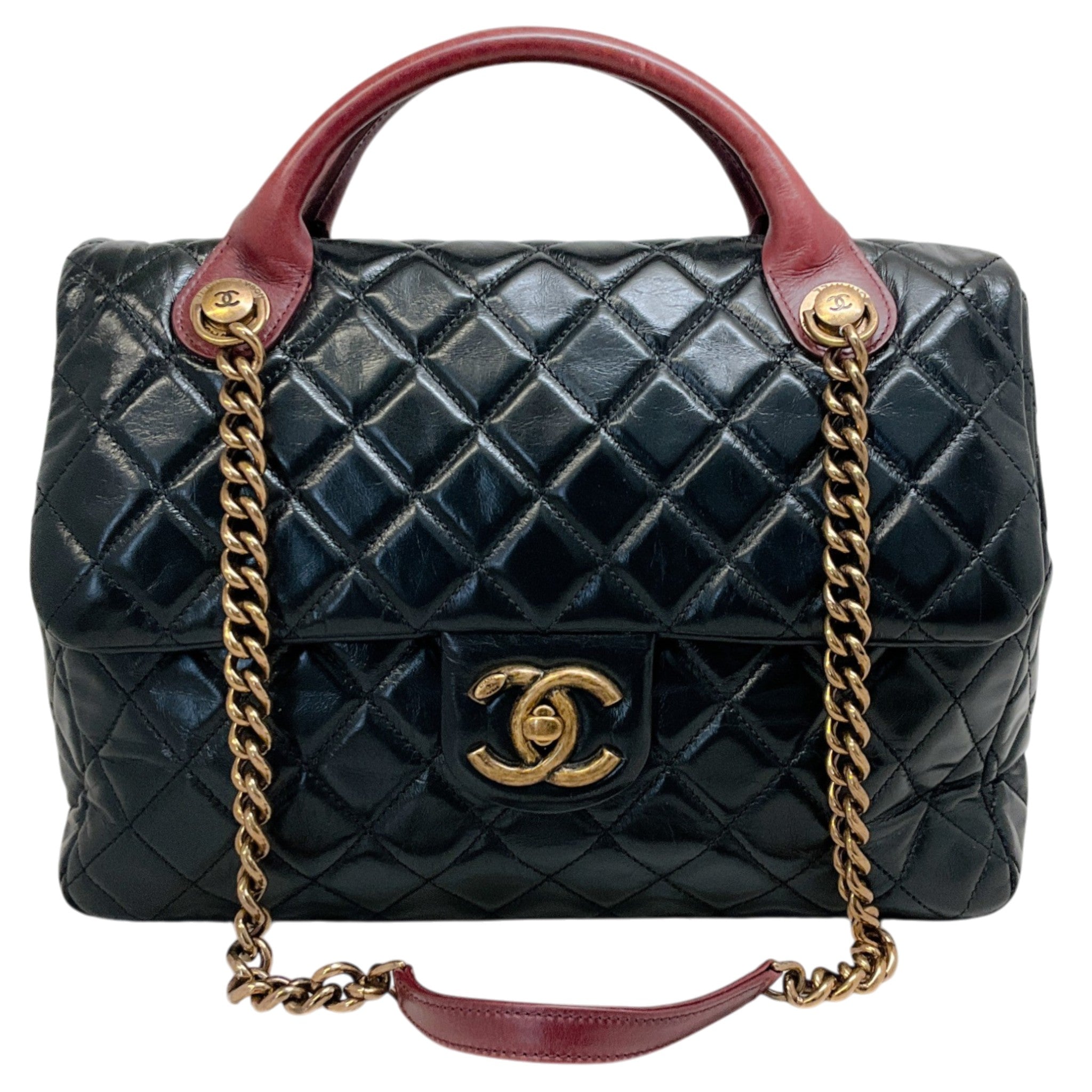 Chanel Paris Edinburgh Black Glazed Calfskin Leather Castle Rock Flap Bag
