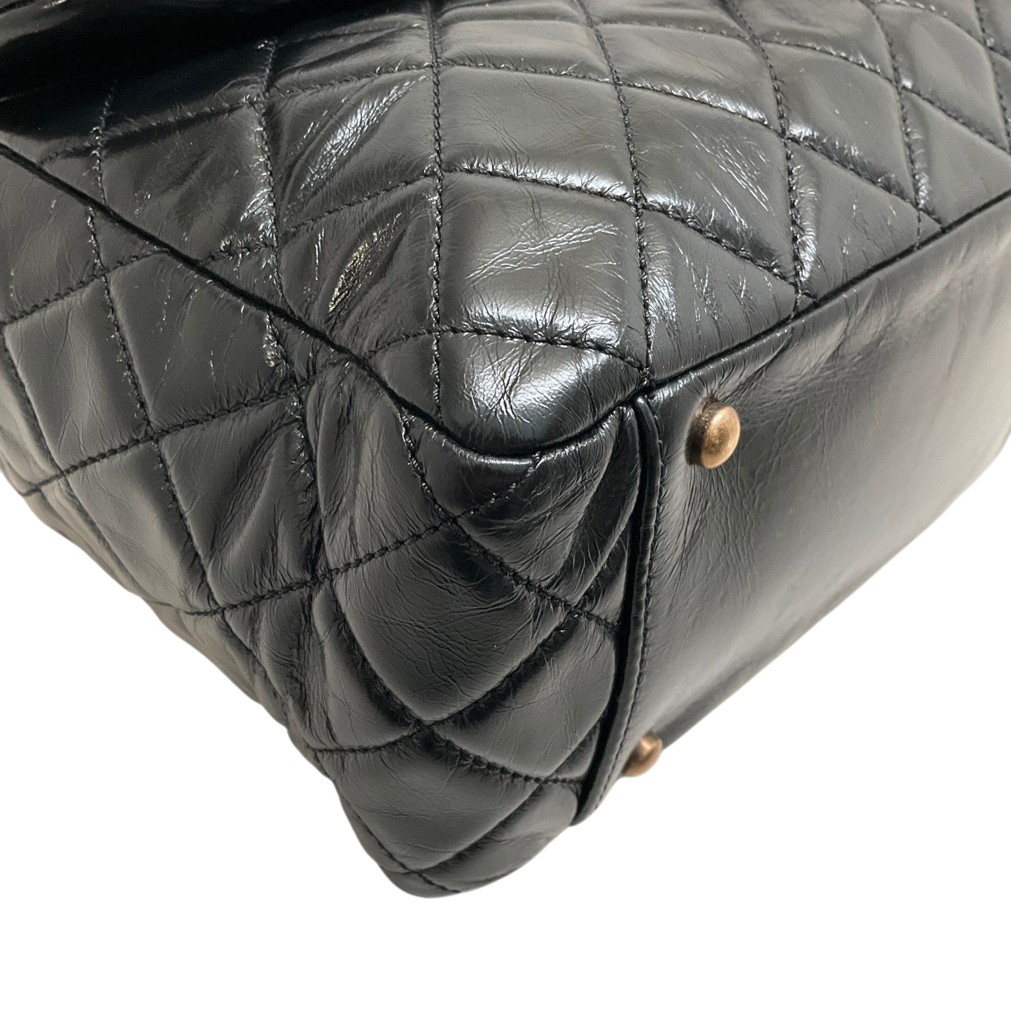 Chanel Paris Edinburgh Black Glazed Calfskin Leather Castle Rock Flap Bag