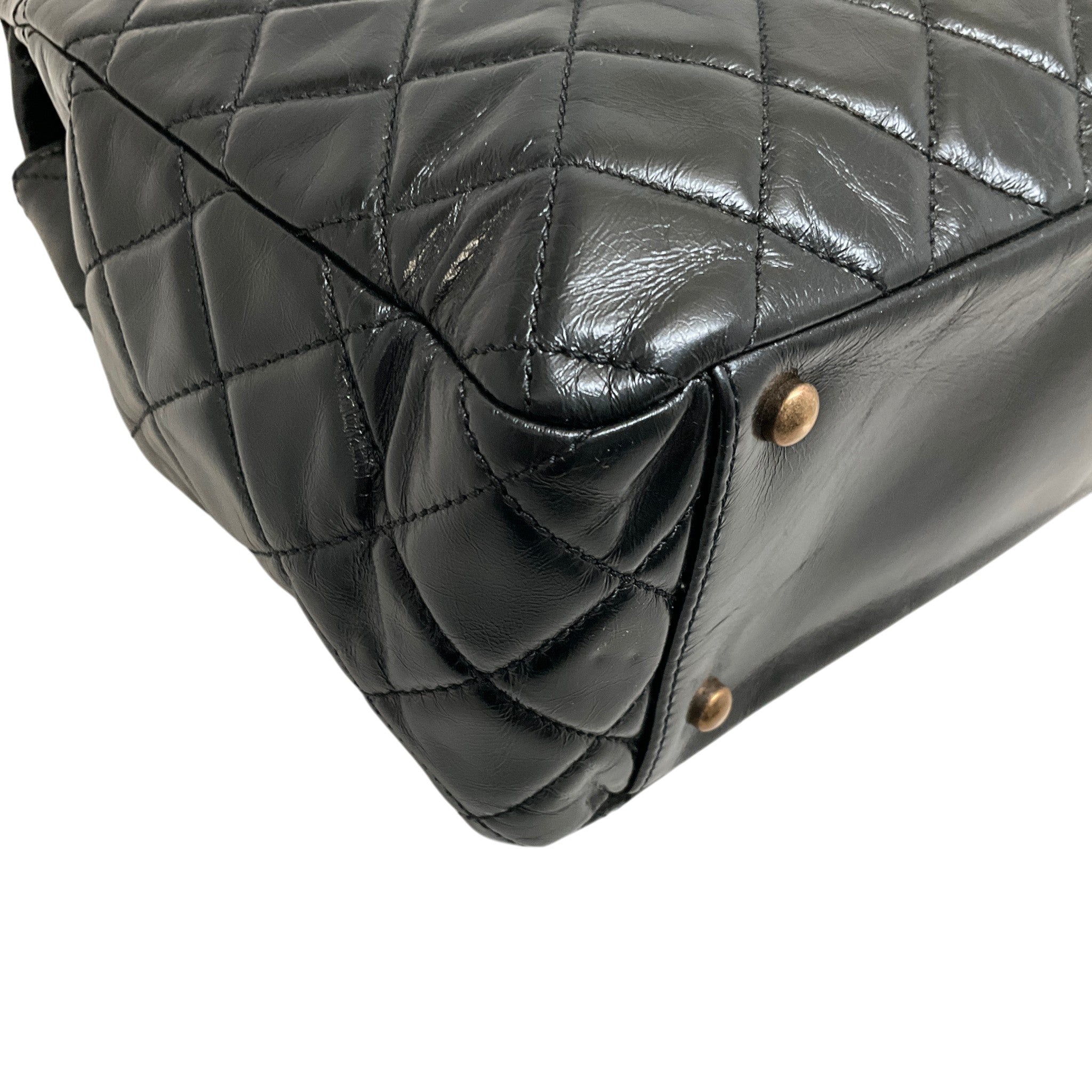 Chanel Paris Edinburgh Black Glazed Calfskin Leather Castle Rock Flap Bag