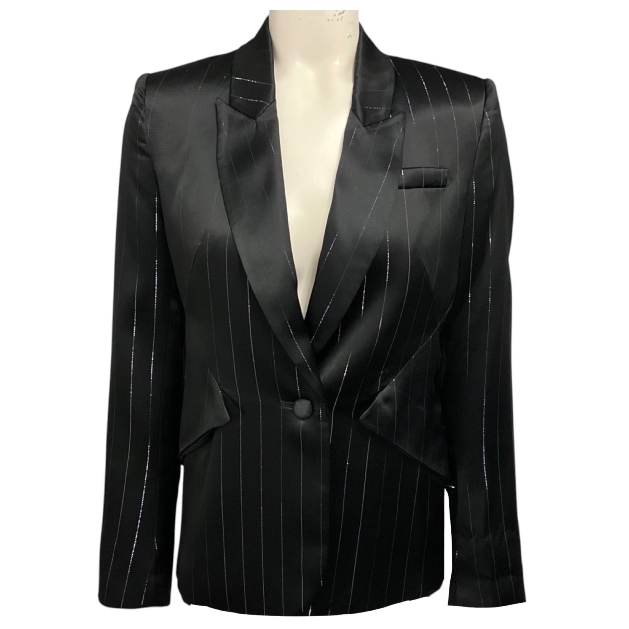 Nonchalant Label Black Metallic Pinstripe Satin Blazer Jacket