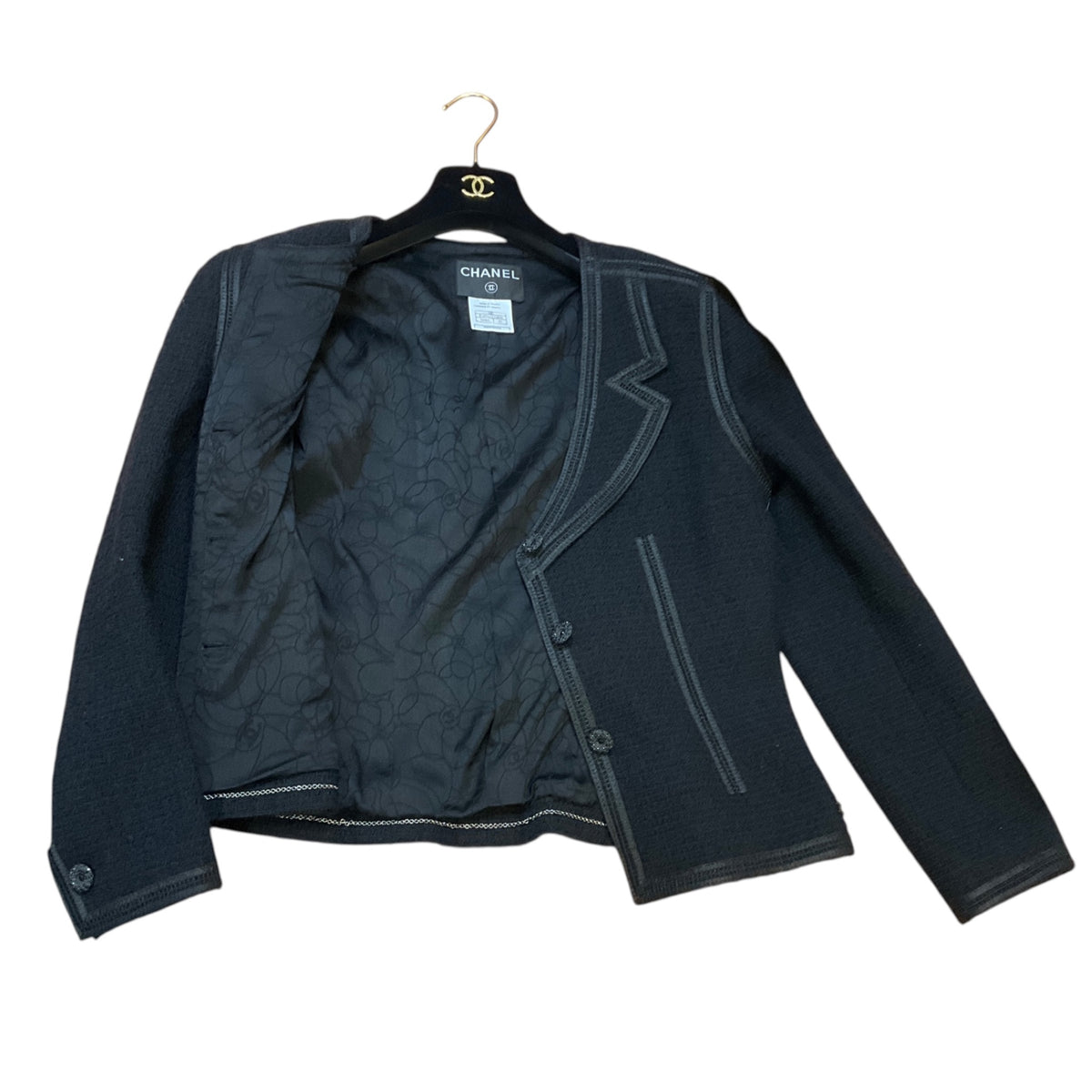Chanel Black 2002 Cruise Resort Collection Asymmetric Neckline Single Breasted Tweed Jacket