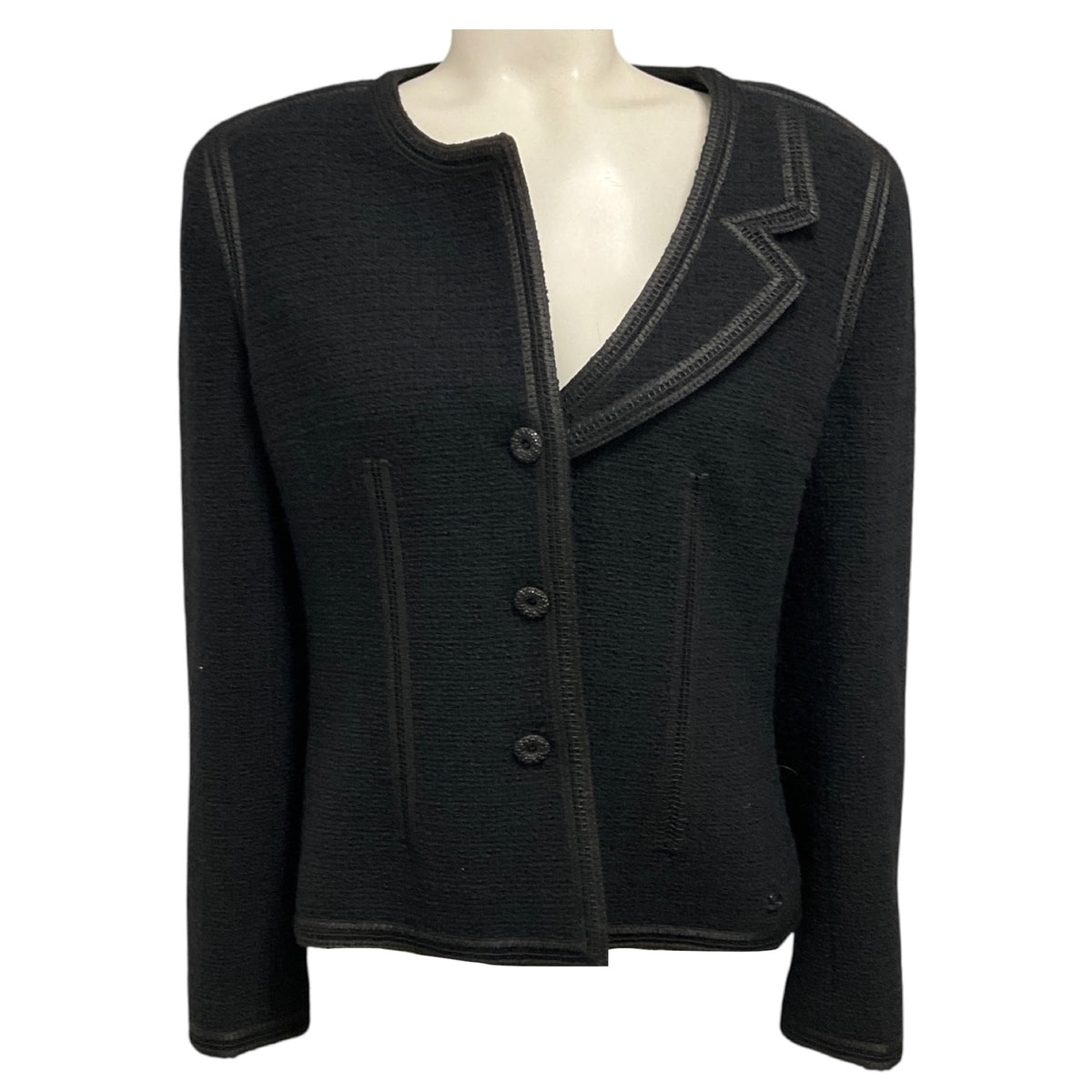 Chanel Black 2002 Cruise Resort Collection Asymmetric Neckline Single Breasted Tweed Jacket