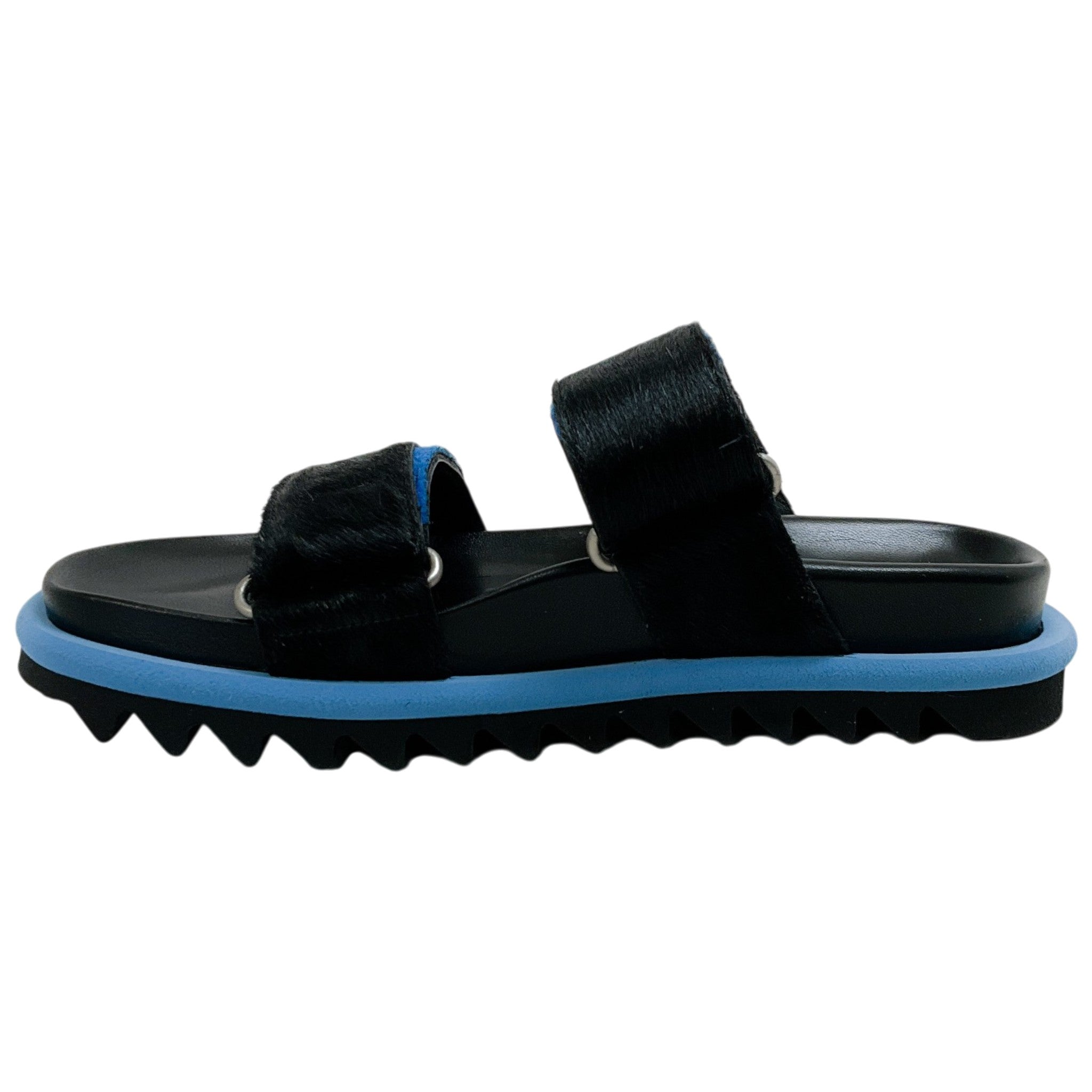 Dries van Noten Black / Blue Calf Hair Velcro Strap Sandals