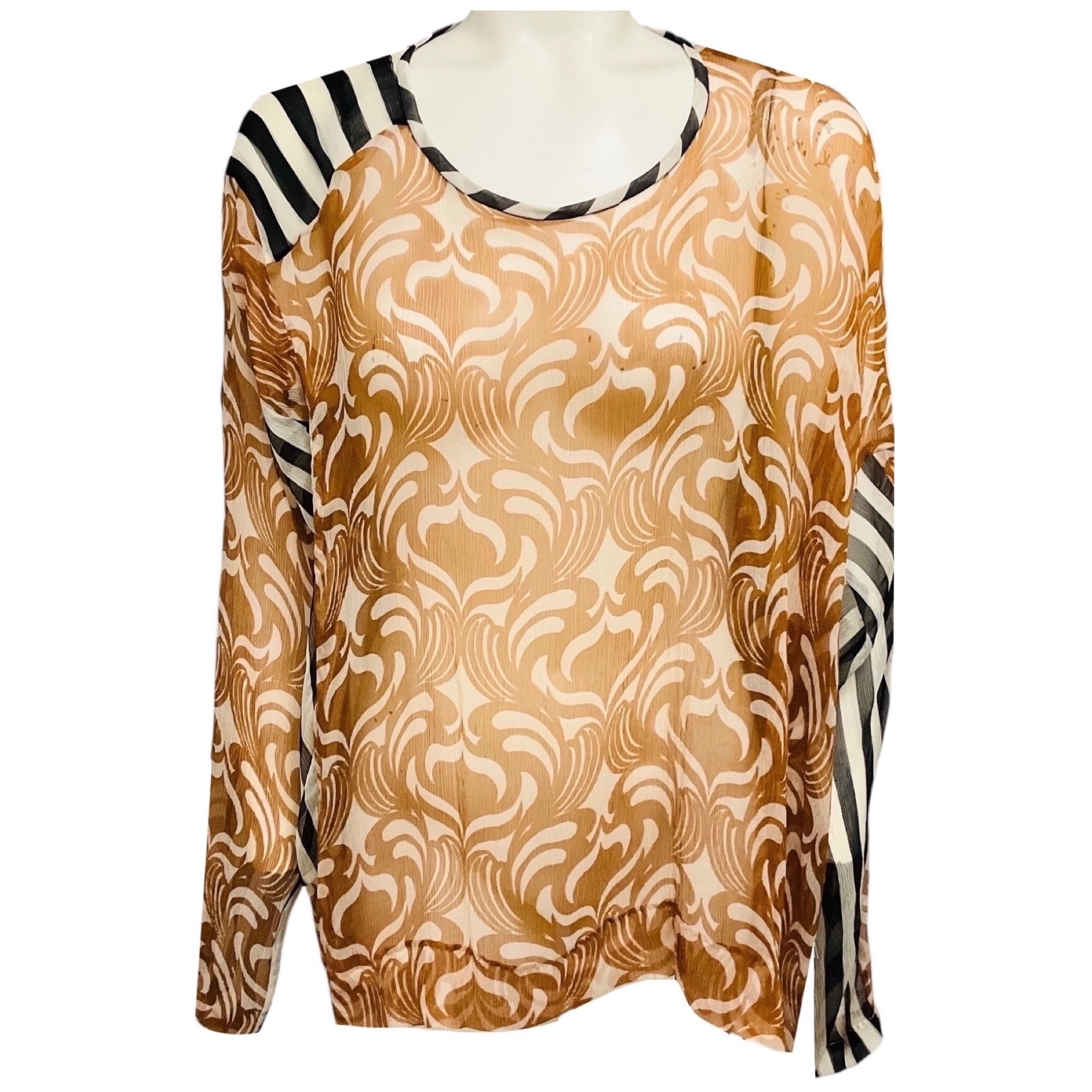 Dries van Noten Tan / Ivory / Black Mixed Pattern Print Sheer Silk Chiffon Blouse