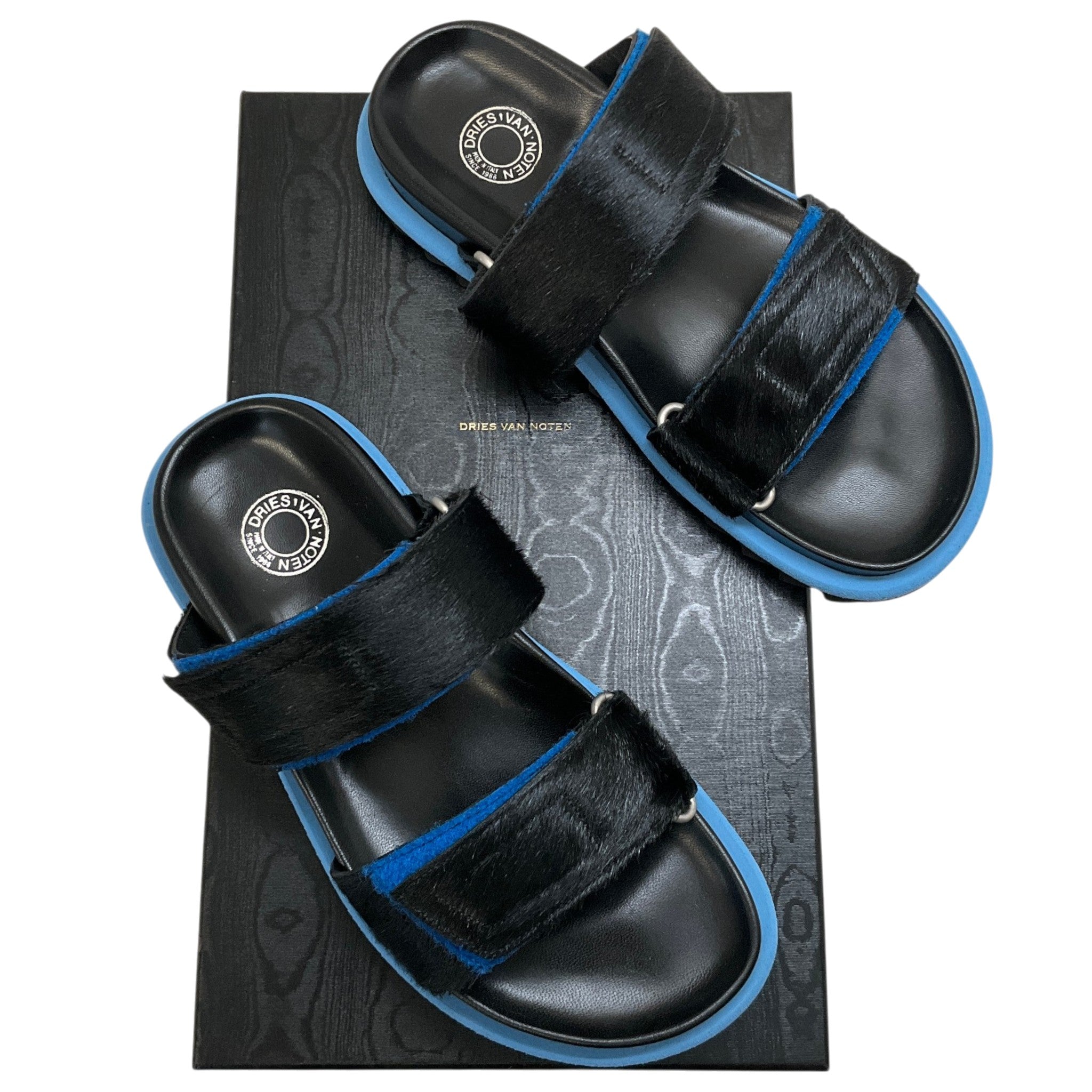 Dries van Noten Black / Blue Calf Hair Velcro Strap Sandals