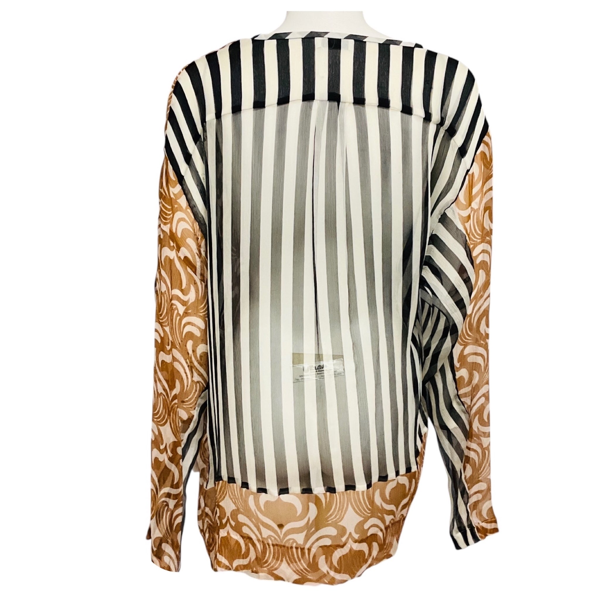 Dries van Noten Tan / Ivory / Black Mixed Pattern Print Sheer Silk Chiffon Blouse