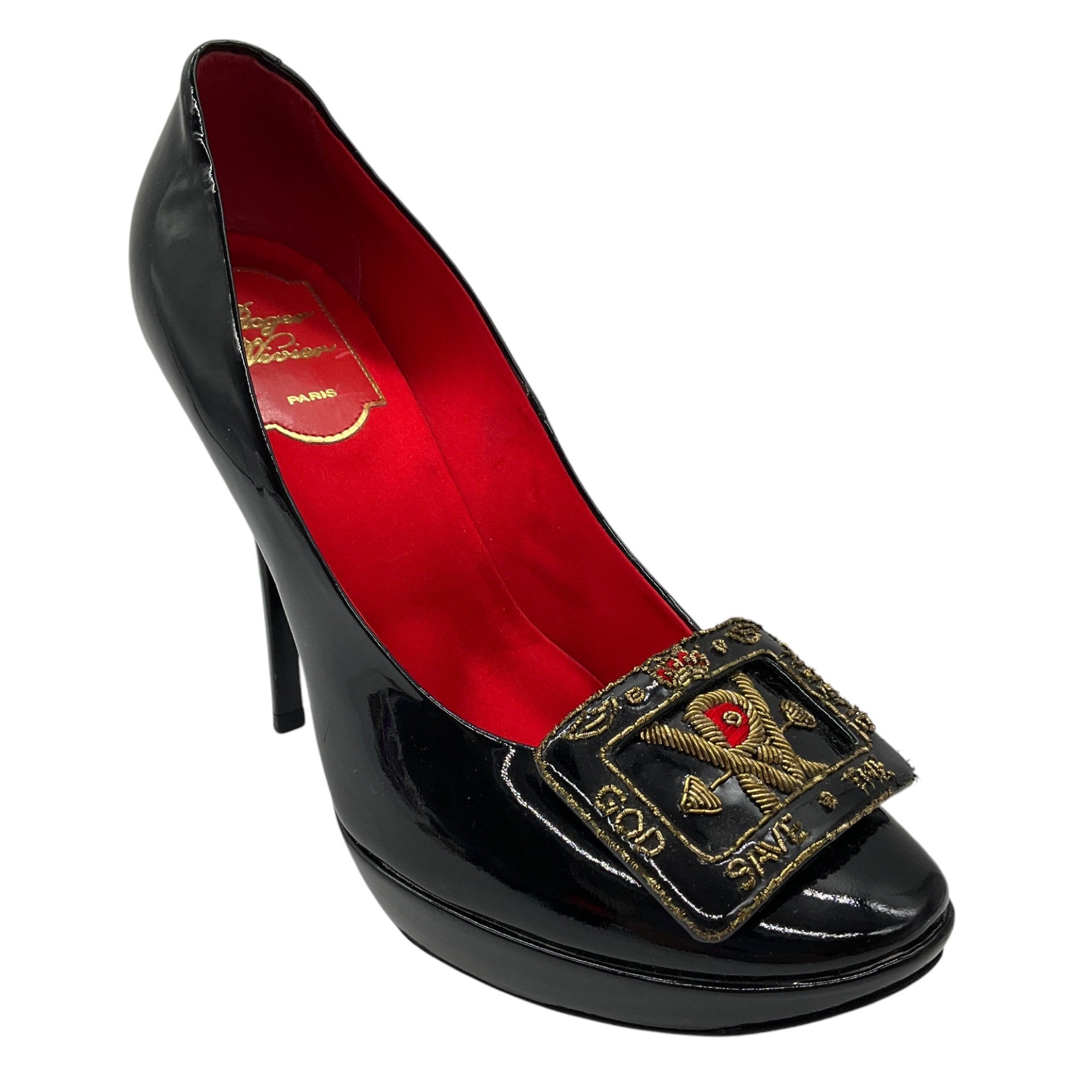 Roger Vivier Black God Save the Queen Patent Leather Buckle Platform Pumps