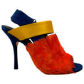 Load image into Gallery viewer, Dries van Noten Blue Suede Slingback Peep Toe Pumps with Orange Feathers
