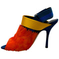 Load image into Gallery viewer, Dries van Noten Blue Suede Slingback Peep Toe Pumps with Orange Feathers
