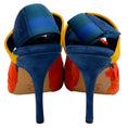 Load image into Gallery viewer, Dries van Noten Blue Suede Slingback Peep Toe Pumps with Orange Feathers
