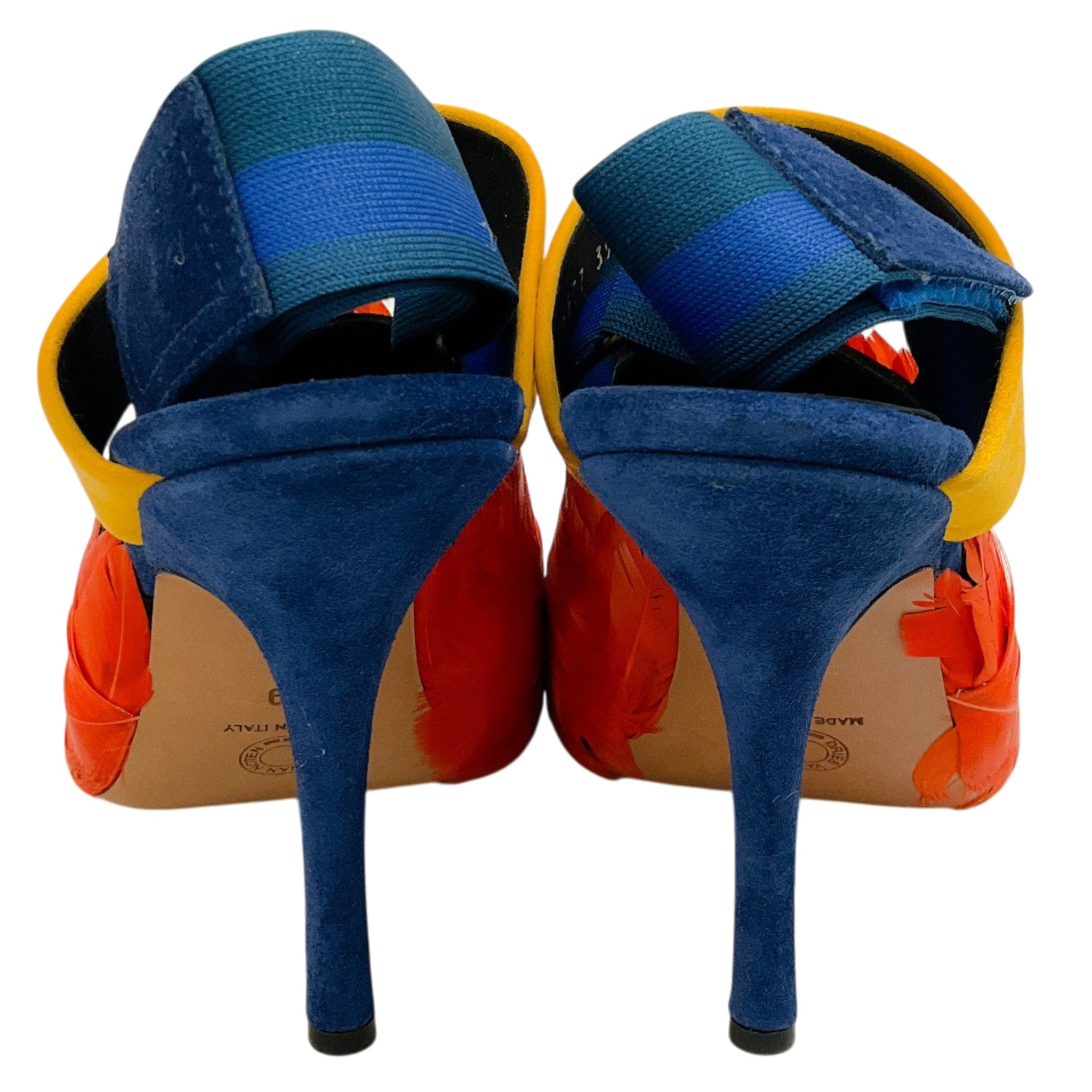 Dries van Noten Blue Suede Slingback Peep Toe Pumps with Orange Feathers