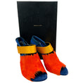 Load image into Gallery viewer, Dries van Noten Blue Suede Slingback Peep Toe Pumps with Orange Feathers
