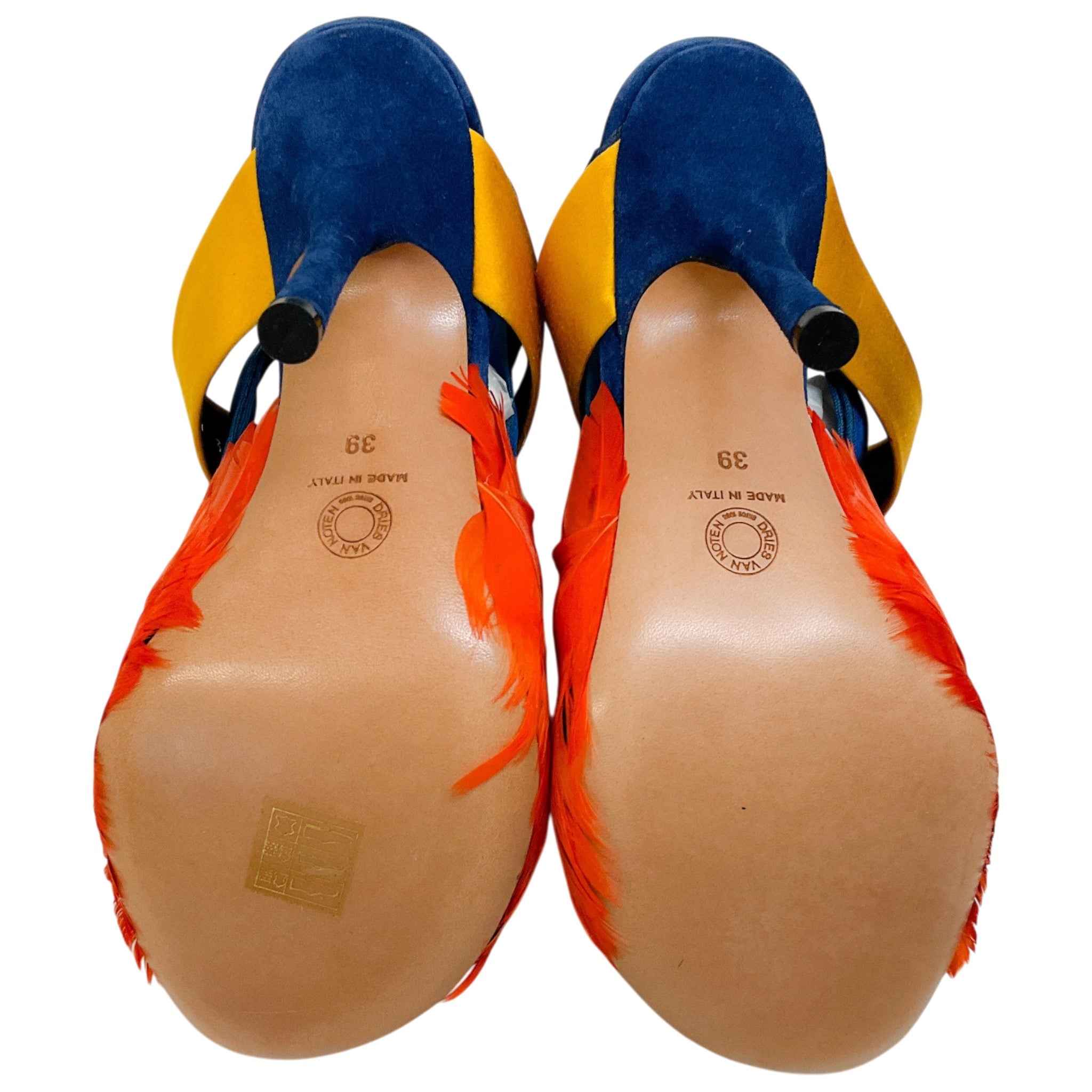 Dries van Noten Blue Suede Slingback Peep Toe Pumps with Orange Feathers