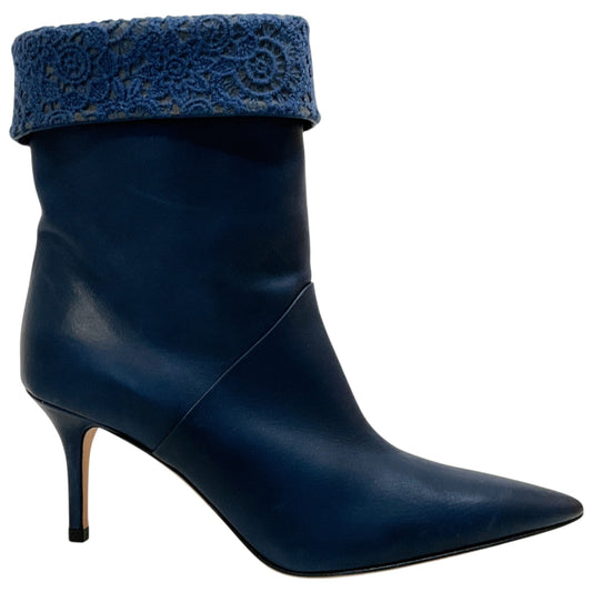 Arteana Navy Blue Leather Booties with Lace Embroidered Cuff
