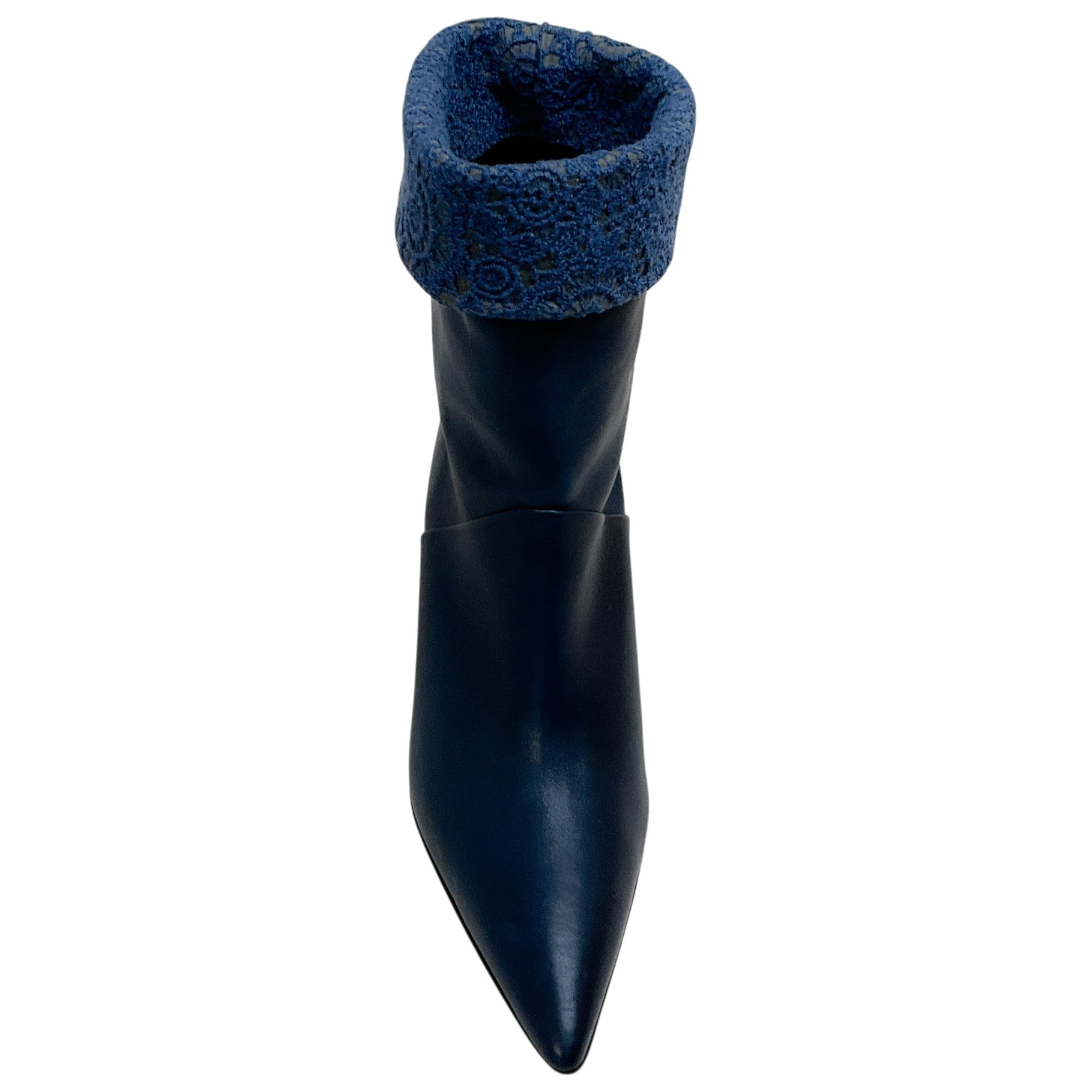 Arteana Navy Blue Leather Booties with Lace Embroidered Cuff