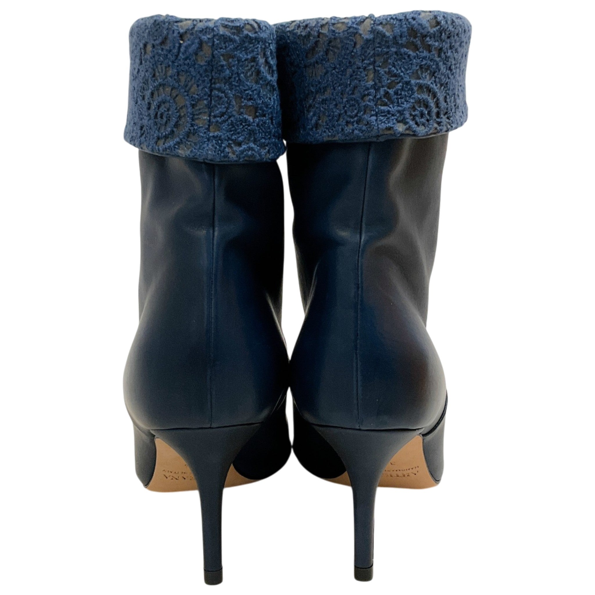 Arteana Navy Blue Leather Booties with Lace Embroidered Cuff