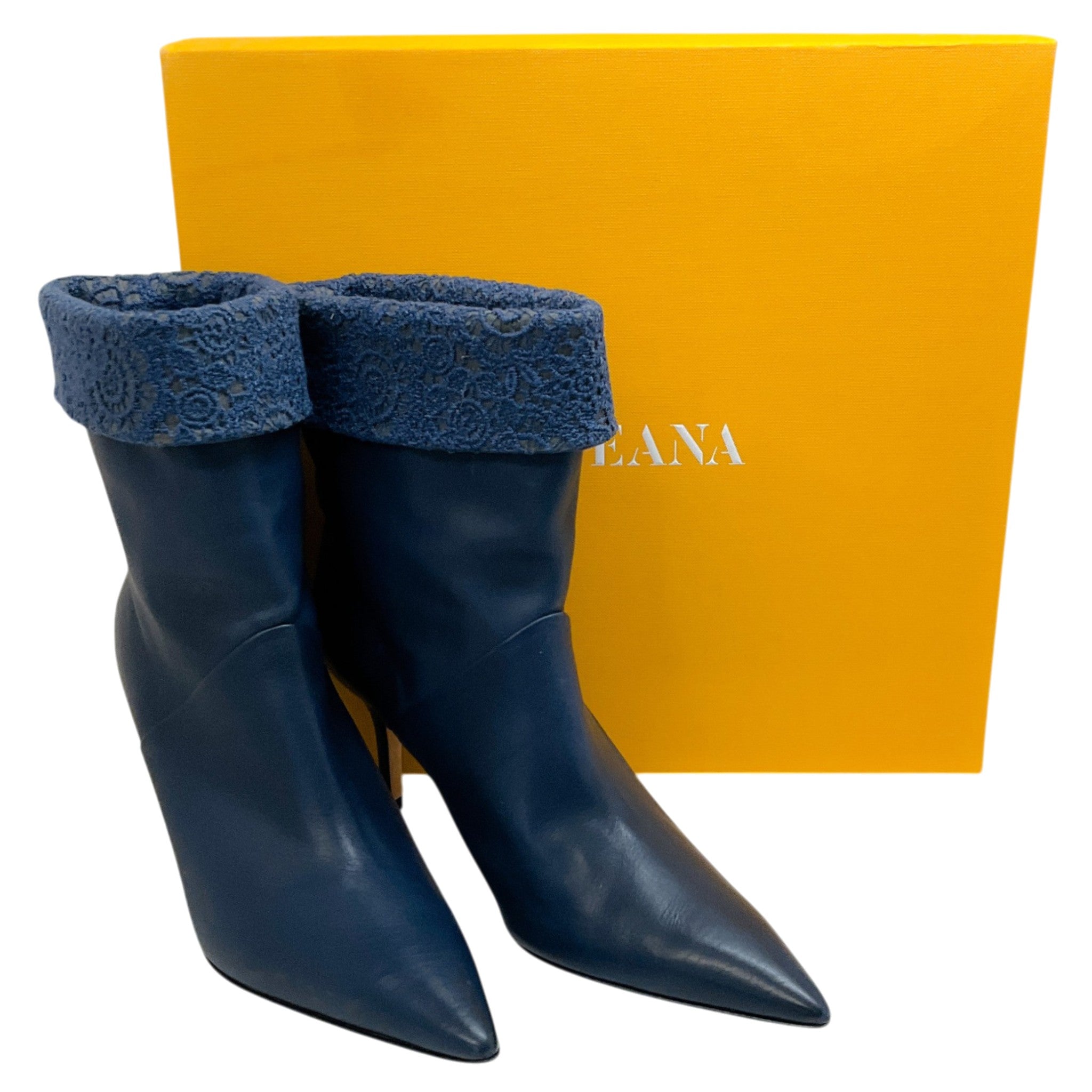 Arteana Navy Blue Leather Booties with Lace Embroidered Cuff