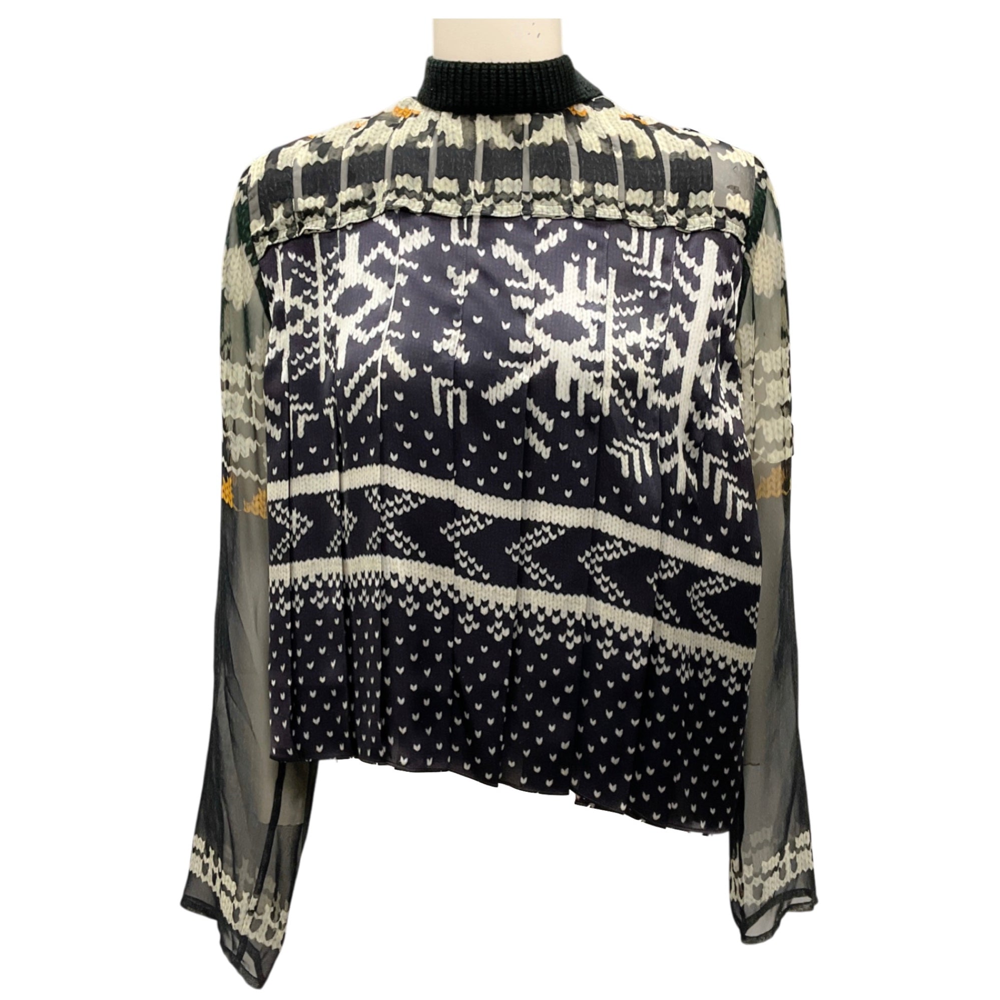 Sacai Black Multi Pleated Fairisle Print Chiffon Blouse