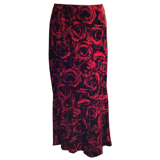 Dries van Noten Red / Black Rose Print Velvet Midi Skirt