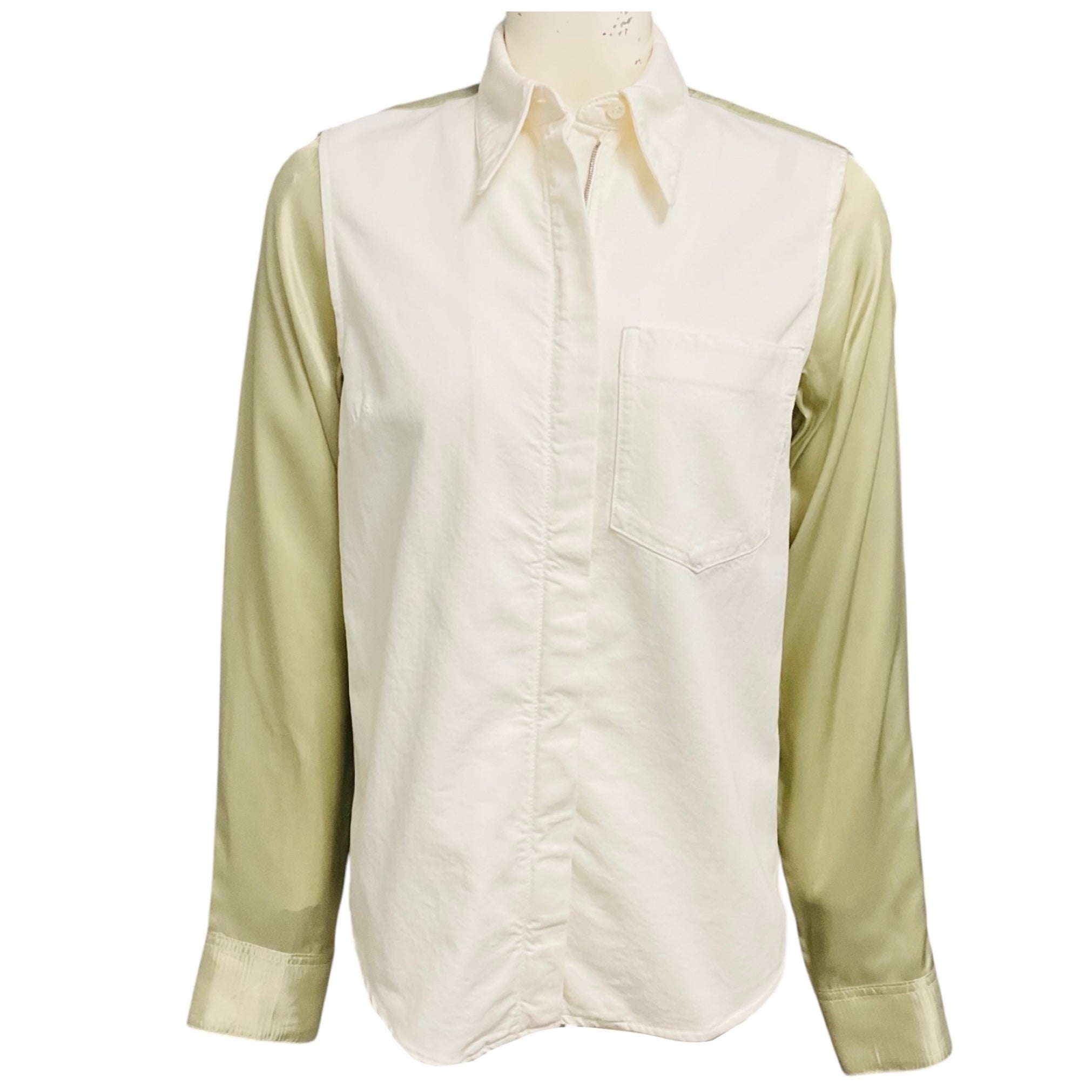 Dries van Noten White / Sage Green Cotton Denim and Satin Shirt