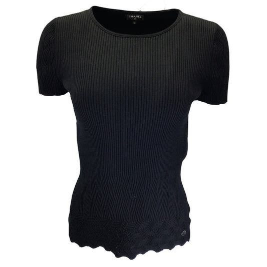 Chanel Black Short Sleeved Ribbed Knit Cotton Sweater