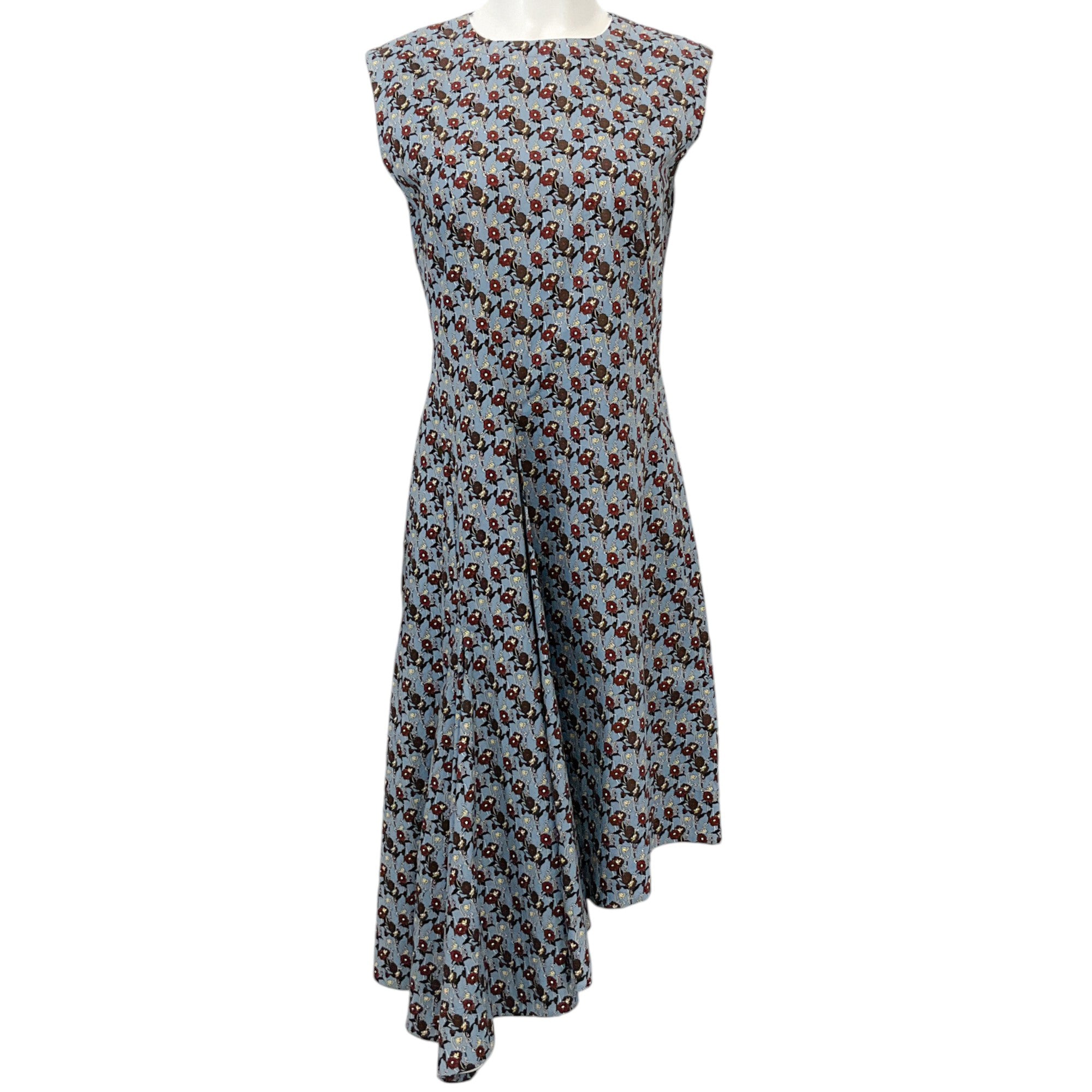 Marni Blue / Brown Cotton Floral Print Sleeveless Dress with Asymmetric Hem
