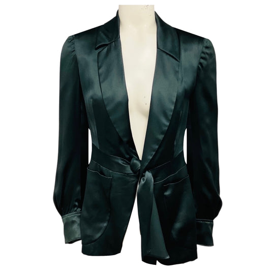 Yves Saint Laurent RARE Forest Green Tie Waist Silk Jacket