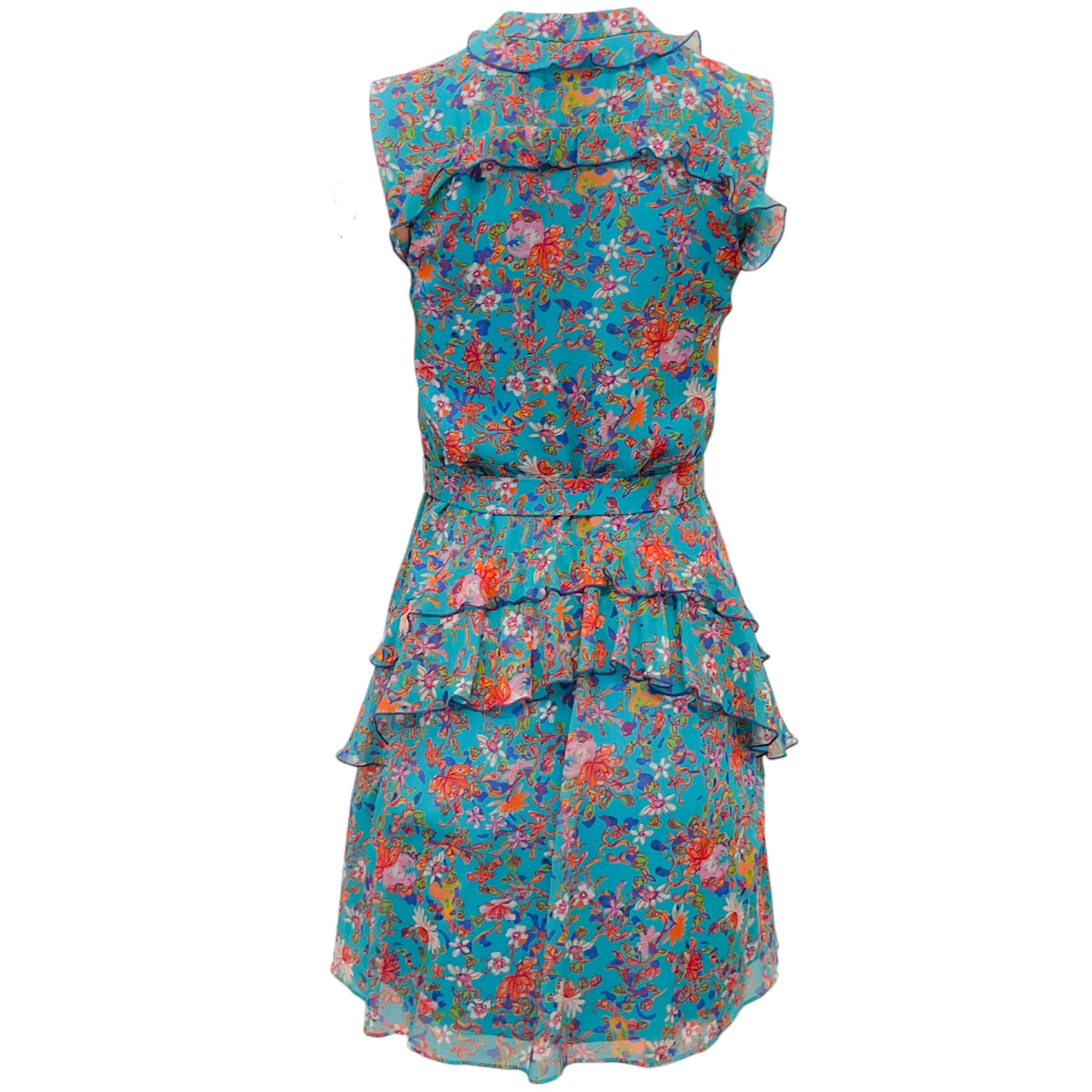 Saloni Turquoise Multi Floral Tilly Ruffle Belted Dress