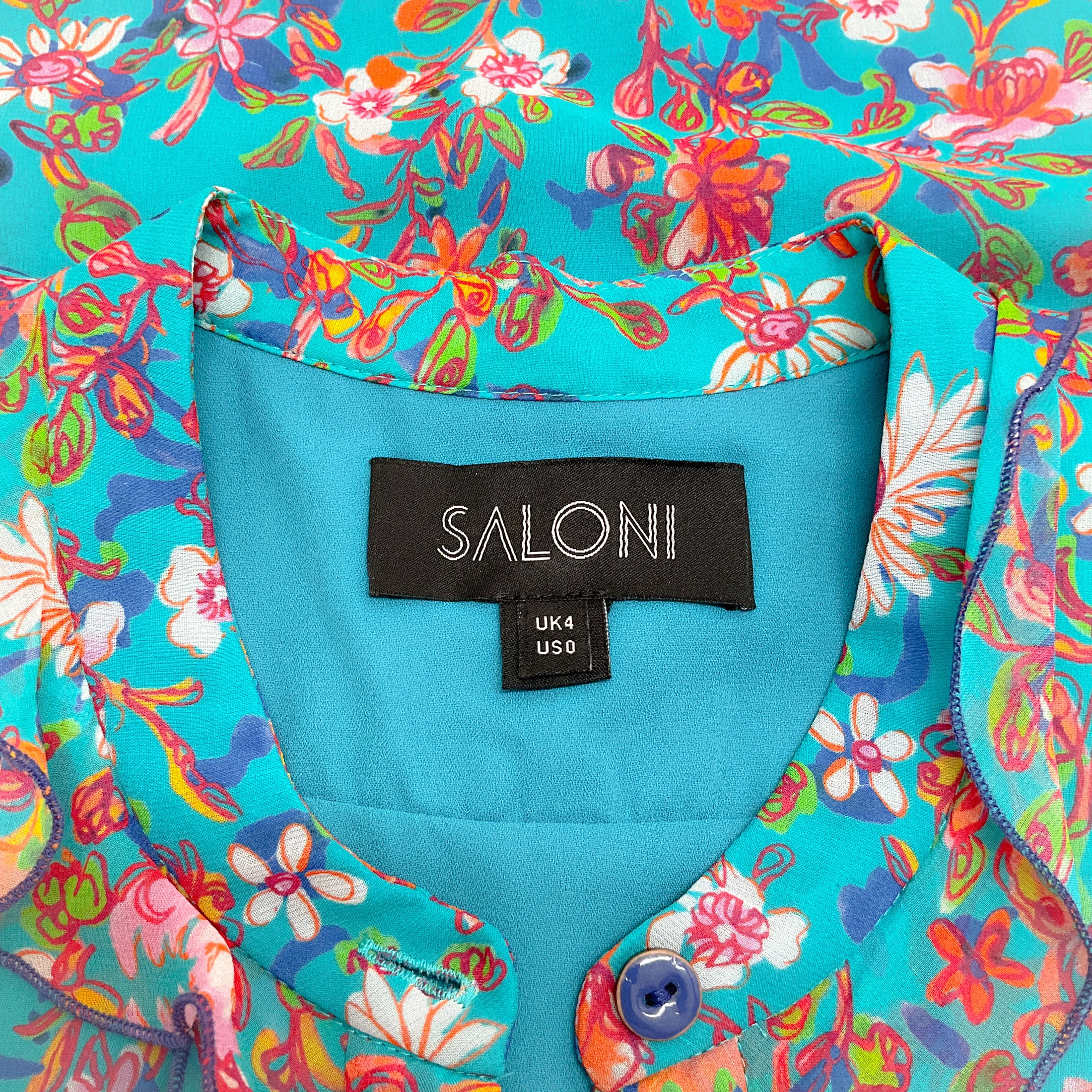 Saloni Turquoise Multi Floral Tilly Ruffle Belted Dress