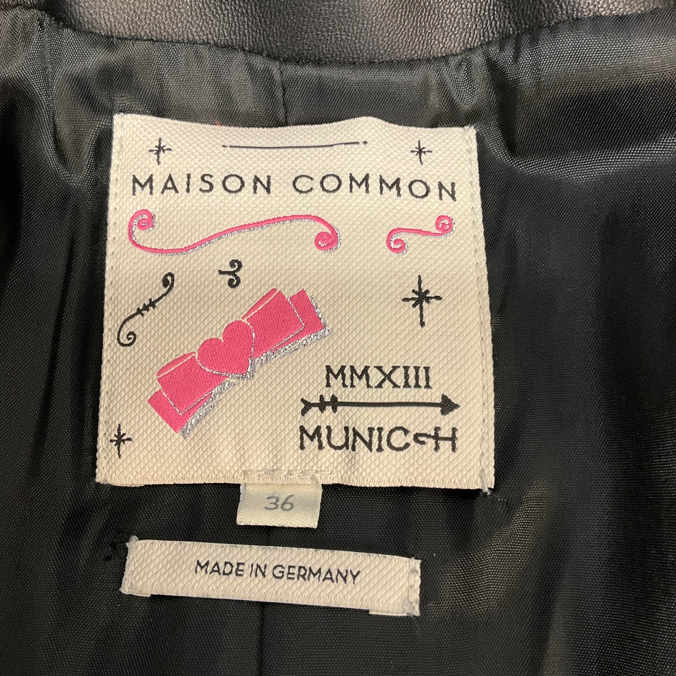 Maison Common Black Studded Moto Zip Leather Jacket with Hearts and Stars