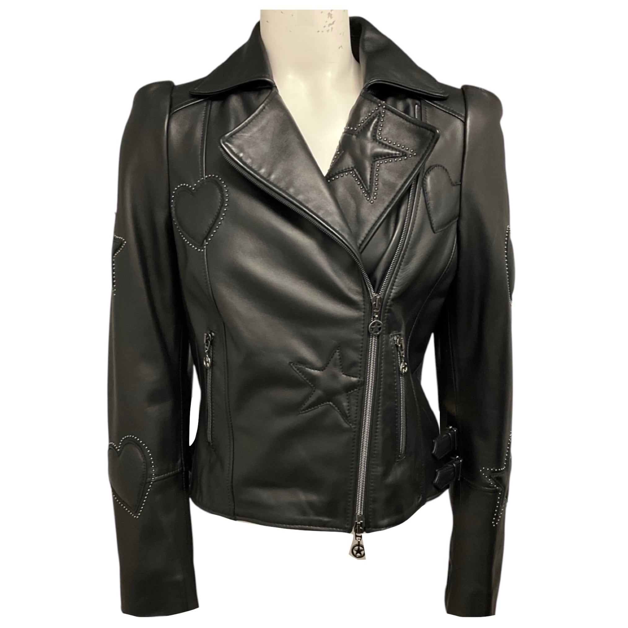 Maison Common Black Studded Moto Zip Leather Jacket with Hearts and Stars