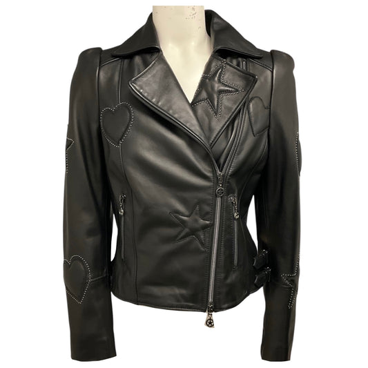 Maison Common Black Studded Moto Zip Leather Jacket with Hearts and Stars