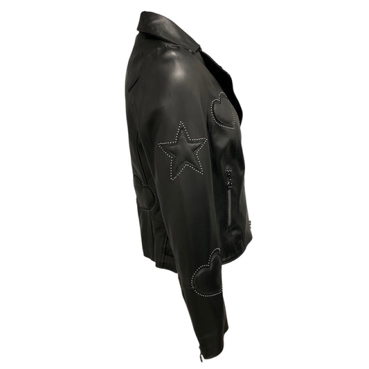 Maison Common Black Studded Moto Zip Leather Jacket with Hearts and Stars