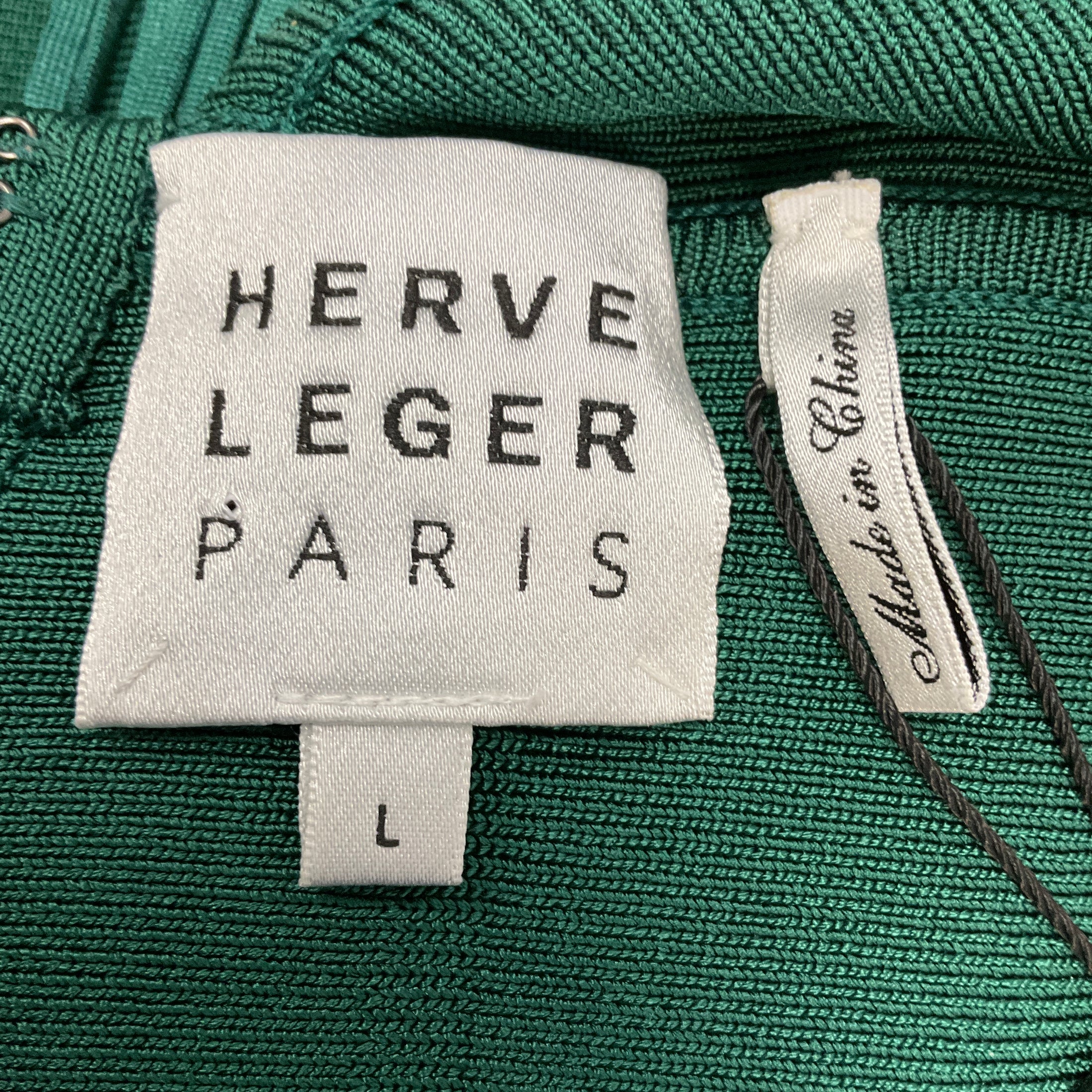 Herve Leger Viridian Sleeveless Deep V-Neck Fringe Gown