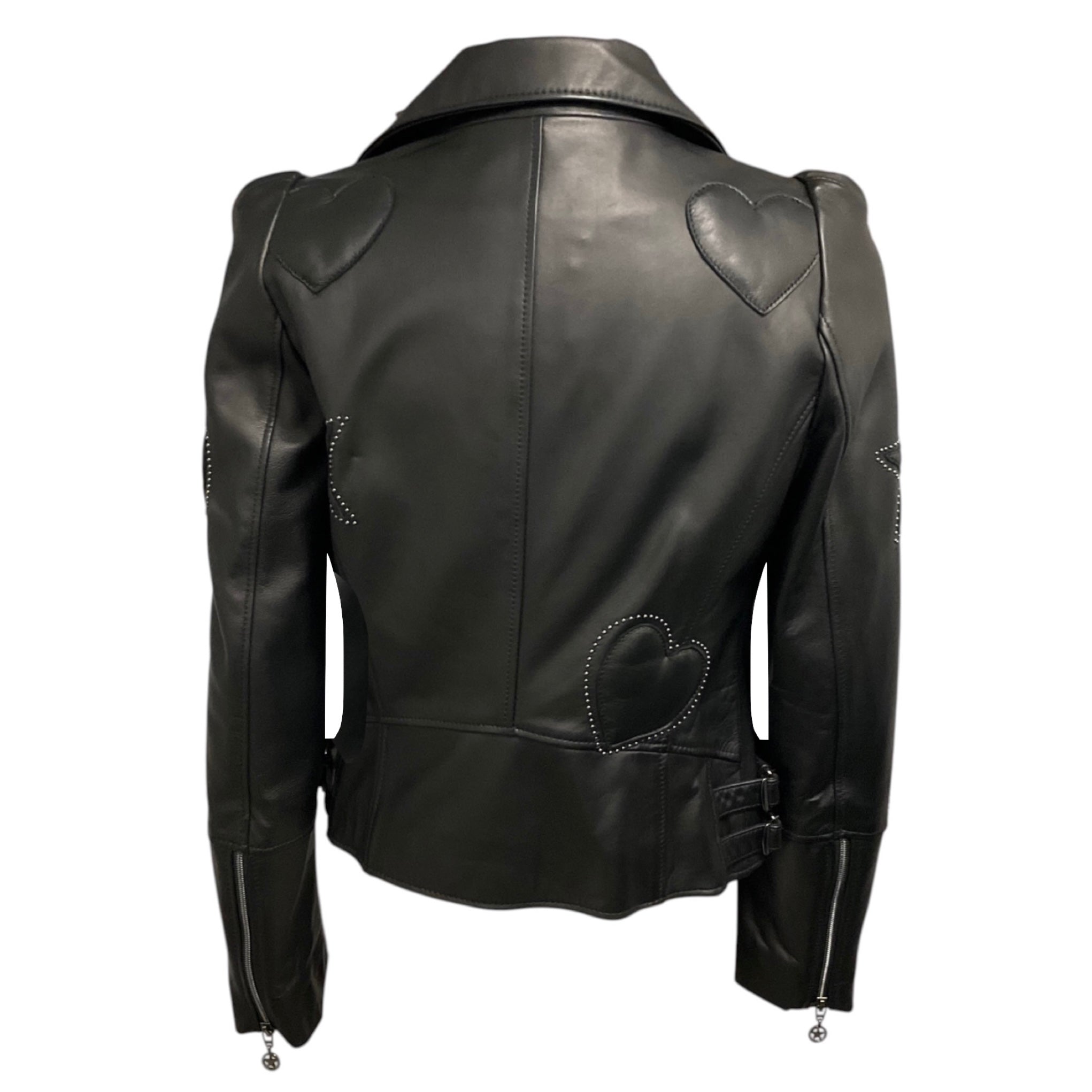 Maison Common Black Studded Moto Zip Leather Jacket with Hearts and Stars